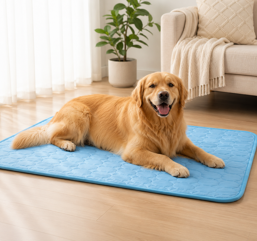 Golden retriever lying on a QAVRO ArcticCool pet cooling mat for dogs in a bright living room.