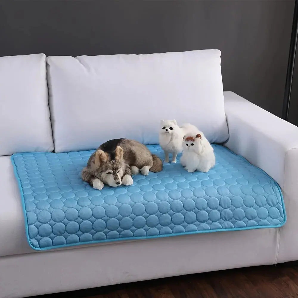 Dog and small pets relaxing on a QAVRO ArcticCool pet cooling mat for dogs on a couch.