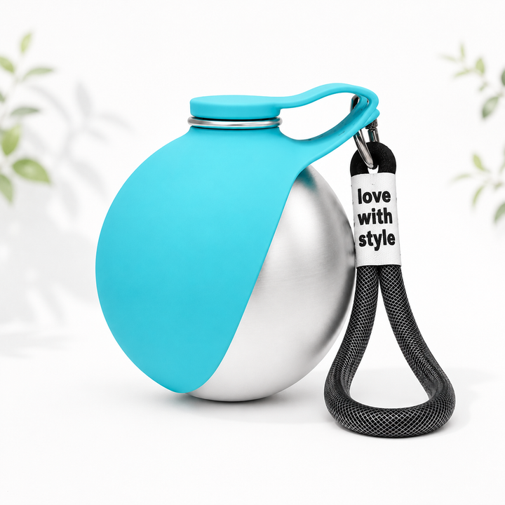 2 in 1 pet travel water bottle in blue and silver with a leash attachment for convenient hydration on the go.